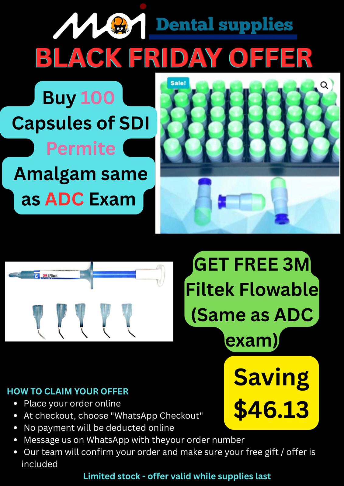 Buy 100 Capsules of SDI Permite Amalgam (2-Spill) + Get FREE 3M Filtek Flowable (A3 or A2 — same as ADC exam)