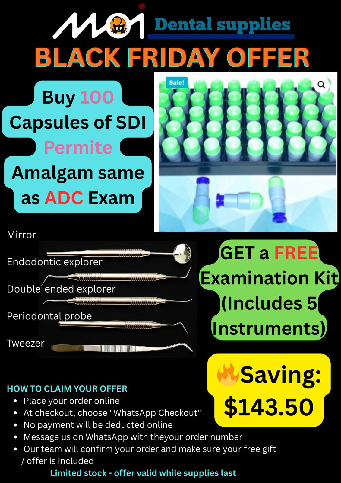 Buy 100 Capsules of SDI Permite Amalgam (2-Spill) + Get FREE Examination Kit (Includes 5 Instruments)