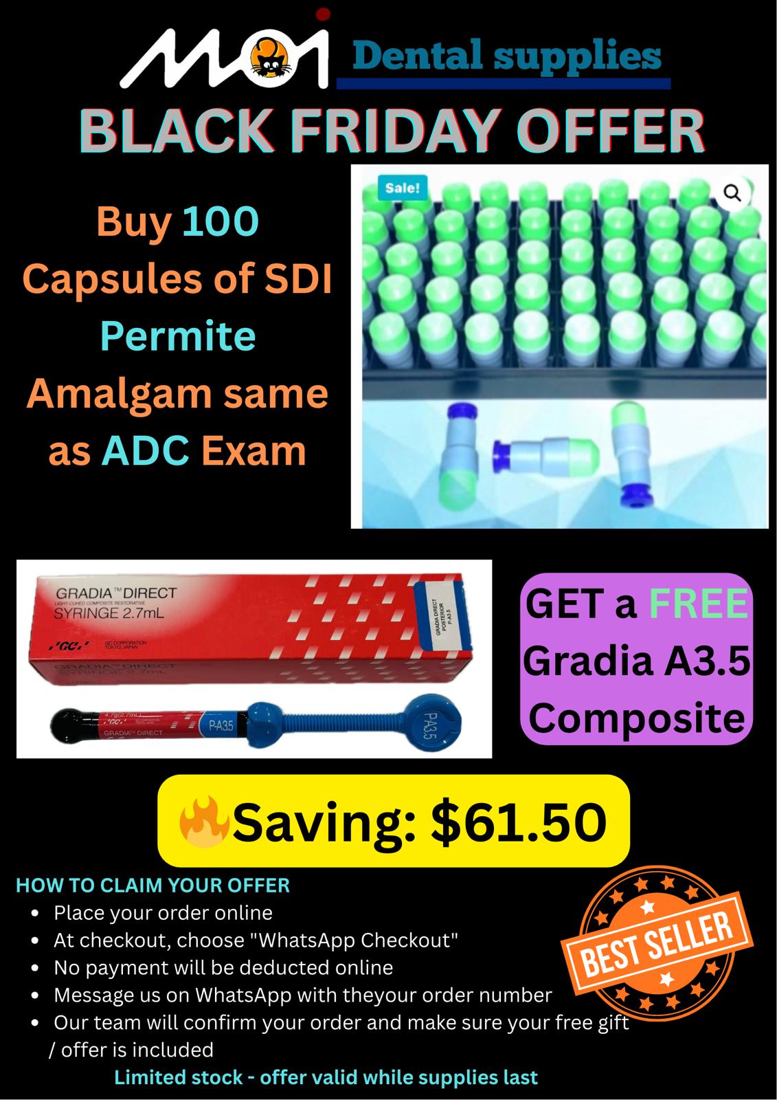Buy 100 Capsules of SDI Permite Amalgam (2-Spill) + Get a FREE Gradia A3.5 Composite Syringe (2.7 ml / 5 g)