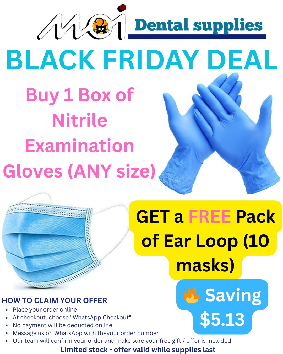Box of Nitrile Examination Gloves (ANY size) + FREE Pack of Ear Loop Masks (10 masks)