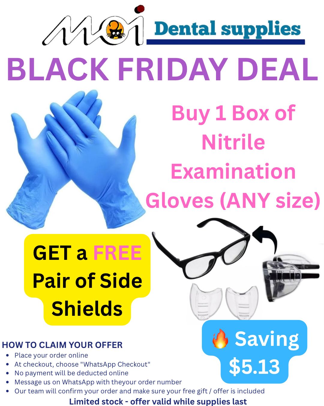 Box of Nitrile Examination Gloves (ANY size) +FREE Pair of Side Shields