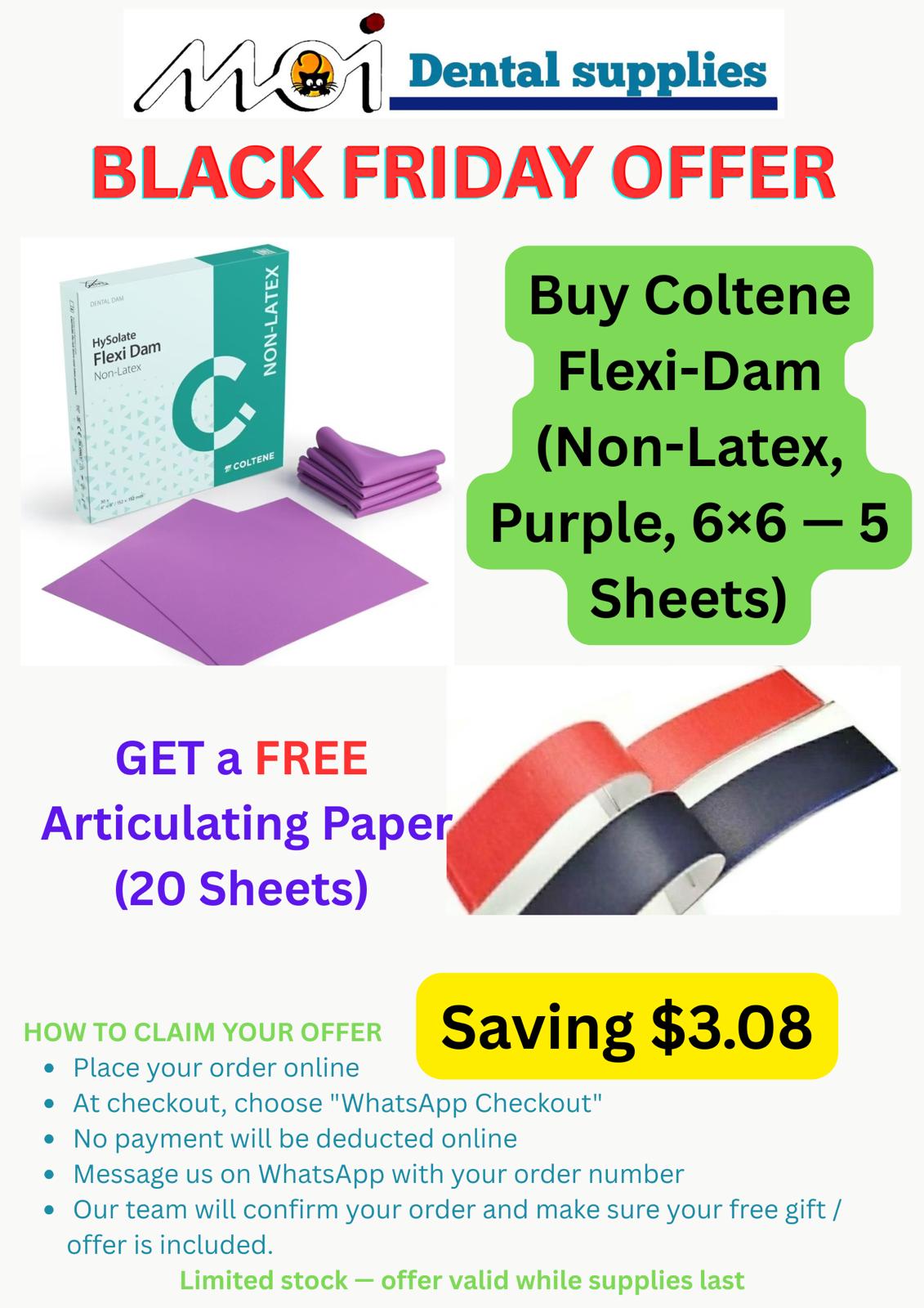 Buy Coltene Flexi-Dam (Non-Latex, Purple, 6×6 — 5 Sheets) + Free Articulating Paper (20 Sheets)