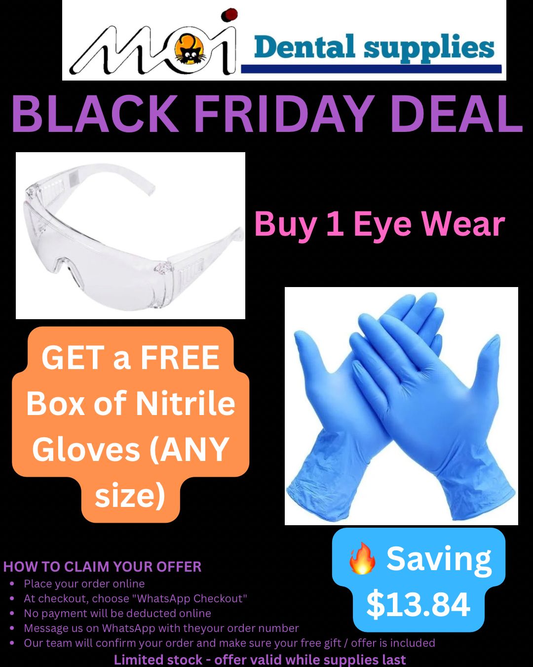Eye Wear (Protective Eye Protection) + Box of Nitrile Examination Gloves FREE (ANY size)