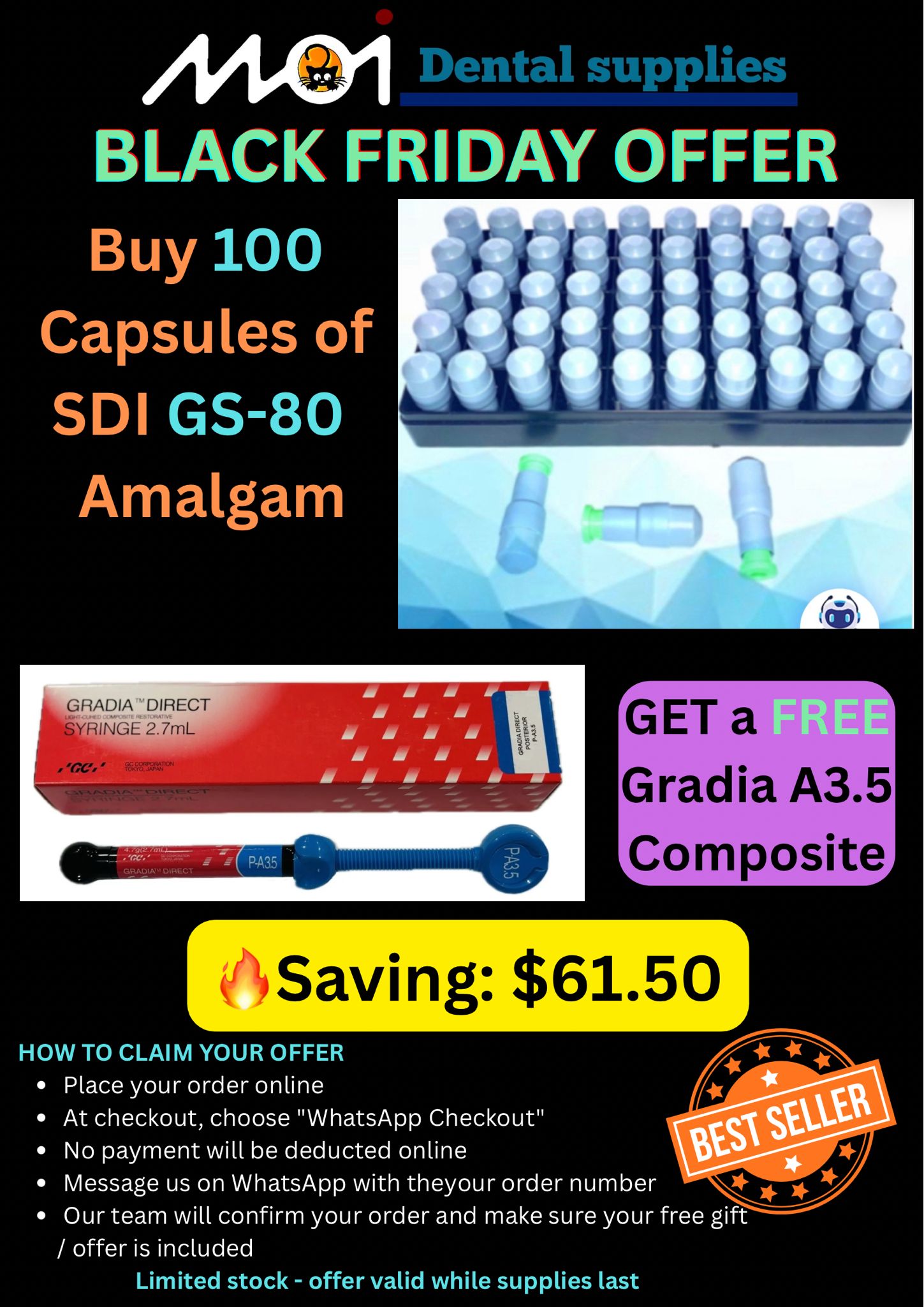 Buy 100 Capsules of SDI GS-80 Amalgam 2-Spill Regular Set + Get a FREE Gradia A3.5 Composite Syringe (2.7 ml / 5 g)