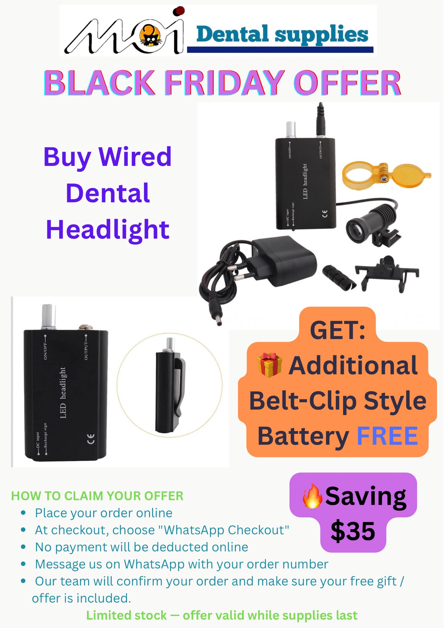 Wired Dental Headlight + Additional Belt-Clip Style Battery — FREE