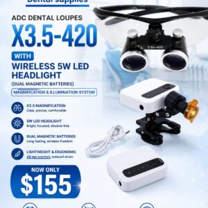 ADC Dental Loupes X3.5-420 with Wireless 5W LED Headlight (Dual Magnetic Batteries) – Magnification & Illumination System